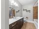 Bathroom features a vanity with storage, a large mirror, and unique industrial-style fixtures at 700 Finsbury St # 105, Durham, NC 27703