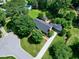 Aerial view of residence showcases large yard, pool, outbuilding, mature trees and well-maintained landscaping at 7204 Bellweather N Ct, Raleigh, NC 27615