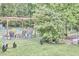Fenced backyard featuring a mature tree, a pergola, and free-range chickens at 909 Goodwin Rd, Durham, NC 27712