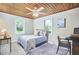 Comfortable bedroom featuring wood ceiling, natural light, carpeted floors, and neutral walls at 909 Goodwin Rd, Durham, NC 27712