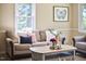 Cozy living room with a comfortable sofa, stylish decor, and a large window with garden view at 909 Goodwin Rd, Durham, NC 27712