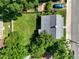Aerial view shows roof, landscaping, and mature trees providing shade and privacy at 913 Washington St, Durham, NC 27701