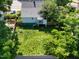 Aerial view of house shows a well-maintained lawn, landscaping, and mature trees providing shade and privacy at 913 Washington St, Durham, NC 27701