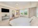 Inviting bedroom featuring a comfortable bed, TV, and view into the ensuite bathroom at 1009 Travern Dr, Raleigh, NC 27603