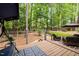 Beautiful backyard featuring a deck, seating area, and lush greenery at 1204 Benoit Pl, Apex, NC 27502