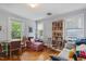 Bright and airy room with hardwood floors, featuring a sofa, bookcase, and natural light from large windows at 1314 Glendale Ave, Durham, NC 27701