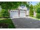 Close up on the two-car garage with white doors and stone accents, framed by lush greenery at 1908 Woodsdale Dr, Durham, NC 27703