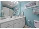 Vibrant bathroom featuring a vanity with a sink, toilet, and light blue walls at 2240 Delaney Dr, Burlington, NC 27215