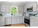 This kitchen features light grey cabinets, stainless appliances, and a subway tile backsplash at 2540 Atlantic St, Durham, NC 27707