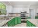 Bright kitchen featuring granite countertops, stainless steel appliances, and green cabinets at 309 Appaloosa Trl, Bahama, NC 27503