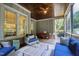Spacious screened porch with wooden ceiling, stylish seating, and outdoor dining area at 3209 Bryant Falls Ct, Raleigh, NC 27613