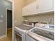 A modern laundry room with white cabinets and state-of-the-art washer and dryer machines at 3339 Archdale Dr, Raleigh, NC 27614
