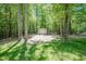 Large backyard with lush green grass, mature trees, and storage shed at 5601 Jomali Dr, Durham, NC 27705