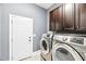Laundry room features a stainless steel washer and dryer, and dark brown overhead cabinets at 7544 Hasentree Club Dr, Wake Forest, NC 27587