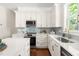 A kitchen with white cabinets, stainless steel appliances, a window with a sink, and wood floors at 1010 Cobb St, Durham, NC 27707