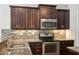 Close up of modern kitchen with stainless appliances, dark wood cabinets, and granite countertops at 10504 Carsons Creek Dr, Zebulon, NC 27597