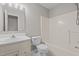 Bathroom featuring a standard bathtub/shower combo, toilet, and a vanity with white countertop at 114 Lynnville Ct, Lillington, NC 27546