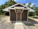 Exterior shot of small outbuilding with brown wooden siding, white trim and a brown front door at 2483 Mcneill Hobbs Rd, Bunnlevel, NC 28323