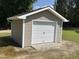 Exterior shot of the detached one car garage with neutral siding and a white garage door at 2483 Mcneill Hobbs Rd, Bunnlevel, NC 28323