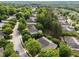 Aerial neighborhood view, lush green trees, community street, well-maintained homes in a tranquil setting at 2536 Bent Green St, Raleigh, NC 27614