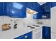 Modern kitchen with blue cabinets, white countertops, subway tile backsplash, and stainless steel appliances at 2536 Bent Green St, Raleigh, NC 27614