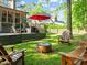 Beautifully landscaped backyard featuring outdoor seating, a patio, and a fire pit at 266 Hogans Valley Way, Cary, NC 27513