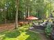 Beautifully landscaped backyard with mature trees, deck, cozy seating, and inviting outdoor space at 266 Hogans Valley Way, Cary, NC 27513