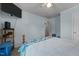 Cozy bedroom featuring carpet flooring, light blue walls, ceiling fan, and a door at 2719 S Nc 87, Graham, NC 27253
