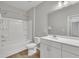 Clean, modern bathroom with a bath and shower combo with a single sink vanity at 3313 Brunot St, New Hill, NC 27562