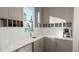 Stylish wet bar area featuring sleek gray cabinetry, quartz countertops, and modern appliances at 4500 Latimer Rd, Raleigh, NC 27609
