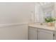 Bright bathroom featuring a vanity with a light gray cabinet, mirror, and decorative plant at 509 Darby Glen Ln, Durham, NC 27713