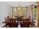 Formal dining room featuring a wood table, six chairs, yellow floral draperies, and hardwood floors at 639 Cedar Grove Rd, Pittsboro, NC 27312