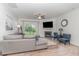 Modern living room featuring a cozy fireplace, plush seating, and sliding glass doors to the backyard at 646 Shelford Trl, Zebulon, NC 27597