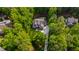 Aerial view of a beautiful home surrounded by mature trees and a long driveway at 7116 Dumfries Ln, Chapel Hill, NC 27514