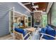 Covered porch with stone fireplace and cozy seating at 7116 Dumfries Ln, Chapel Hill, NC 27514