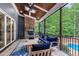 Screened porch with a stone fireplace and a cozy seating area at 7116 Dumfries Ln, Chapel Hill, NC 27514