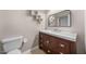 Bathroom featuring modern vanity, decorative mirror and wall mounted decorative cubes at 75 Stone Hill Ct, Durham, NC 27704