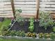 Close-up of garden plot with tomato plants, basil, marigolds, and privacy fence at 7824 Hemlock Ct, Raleigh, NC 27615