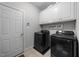 Well-organized laundry room with upper cabinets, black washer, dryer and white door at 905 Neuse Ridge Dr, Clayton, NC 27527