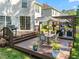 Charming backyard with a wooden deck, grill area, sunshade, and landscaped lawn, perfect for outdoor living at 1028 Bellenden Dr, Durham, NC 27713