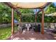 Outdoor deck area featuring comfortable wicker seating, a sunshade, and decorative lighting, ideal for relaxation at 1028 Bellenden Dr, Durham, NC 27713