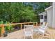 Relaxing back deck with wood chairs and table, perfect for enjoying the wooded scenery and backyard at 1102 Whiston Dr, Apex, NC 27502