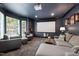 Cozy living room with a projector, comfortable seating, and large windows at 1816 Albacore Ln, Raleigh, NC 27612