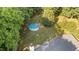 Aerial view of the backyard featuring an above-ground pool surrounded by lush greenery at 205 Smiths Creek Dr, Clayton, NC 27520