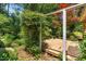 Backyard with mature trees and greenery featuring a wooden deck and brick patio, providing outdoor spaces at 2143 Ridge Rd, Raleigh, NC 27607