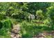 Backyard featuring lush greenery, mature trees, wooden path, and a serene natural setting at 2143 Ridge Rd, Raleigh, NC 27607