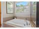 Bathroom with a soaking tub with tile surround and a window overlooking lush landscape at 30119 Settle, Chapel Hill, NC 27517