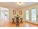 Cozy breakfast nook with counter-height seating and backyard views through glass door at 308 Rainbow Dr, Carrboro, NC 27510