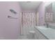 Bathroom featuring a vanity, granite countertop, and a shower with a patterned curtain at 4705 Forest Highland Dr, Raleigh, NC 27604