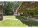 Exterior view of a red barn with a garage door and mature trees in the background at 5517 Spring Rd, Raleigh, NC 27603